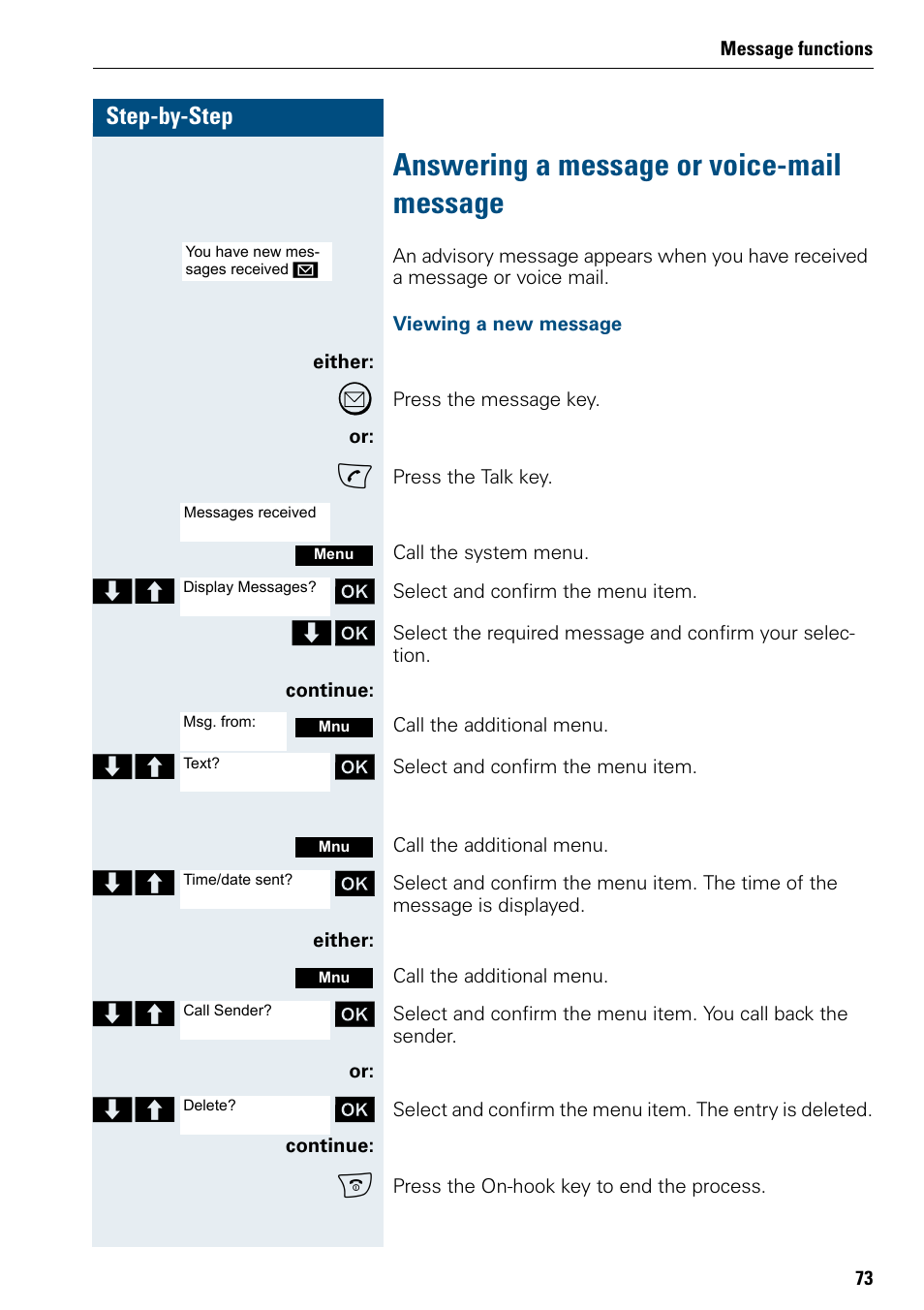 Answering a message or voice-mail message, Step-by-step | Siemens 3000 V3.0 User Manual | Page 81 / 106