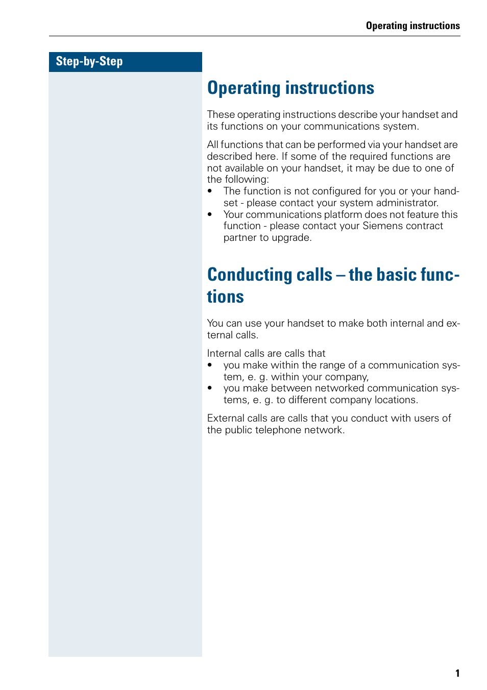 Operating instructions, Conducting calls – the basic functions, Conducting calls – the basic func- tions | Siemens 3000 V3.0 User Manual | Page 9 / 106