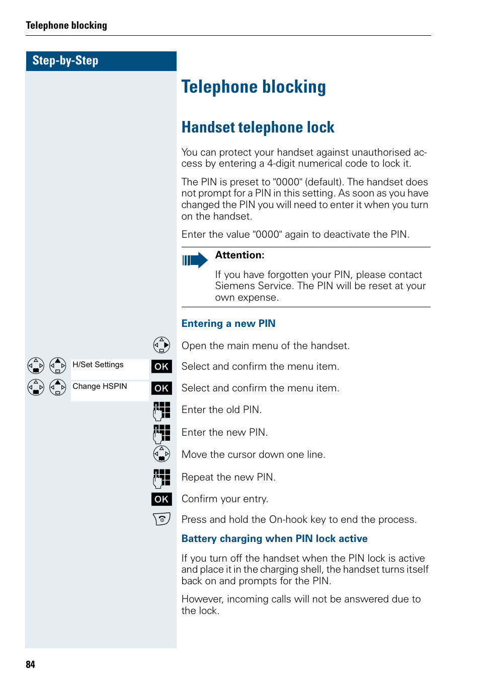 Telephone blocking, Handset telephone lock | Siemens 3000 V3.0 User Manual | Page 92 / 106