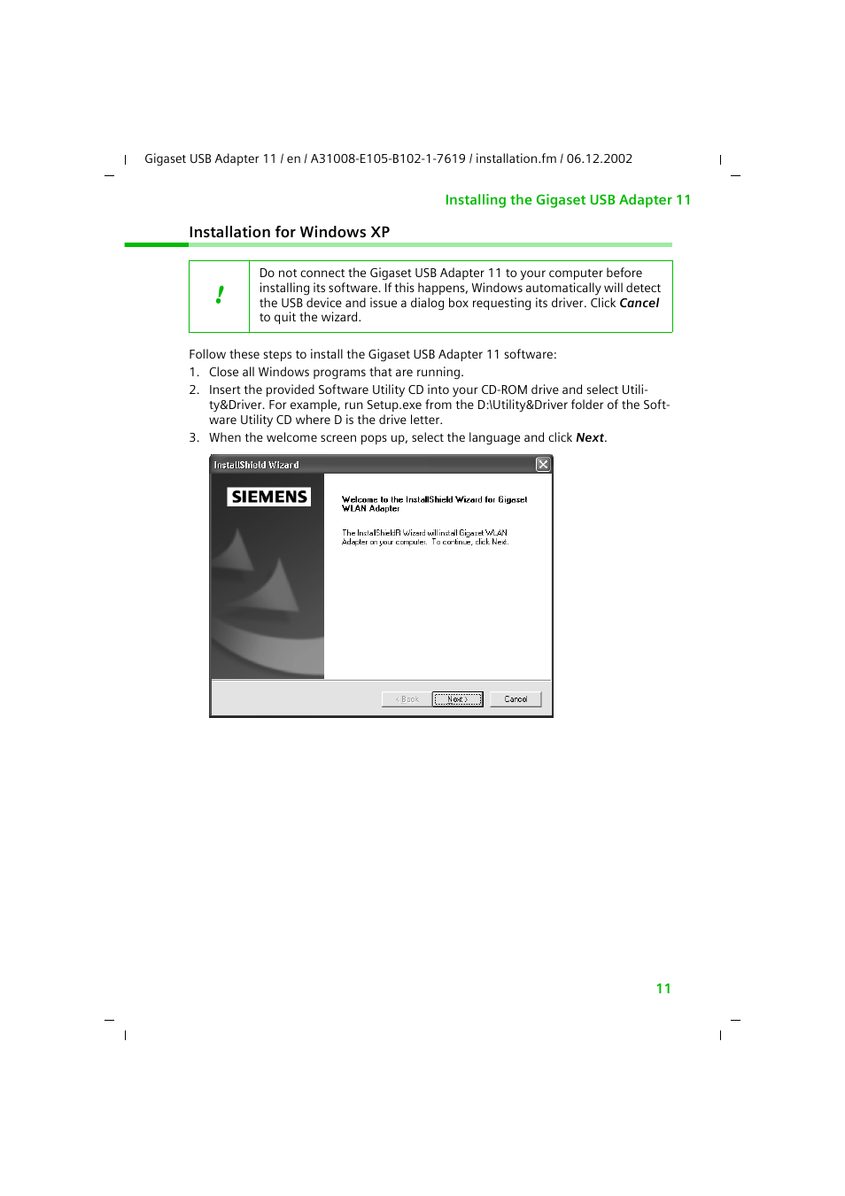 Installation for windows xp | Siemens 11 User Manual | Page 12 / 51