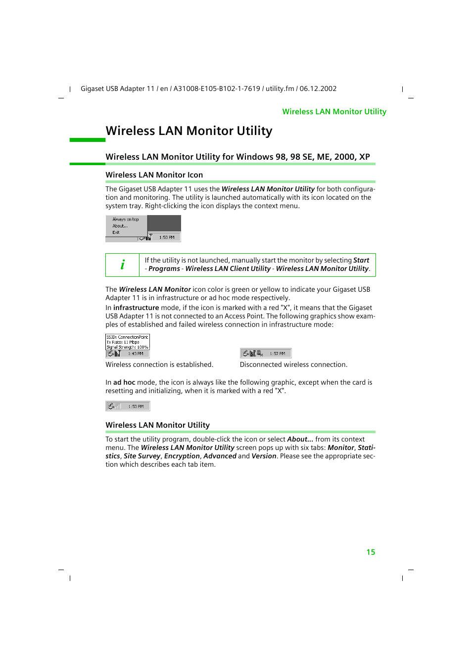 Wireless lan monitor utility, Wireless lan monitor icon | Siemens 11 User Manual | Page 16 / 51