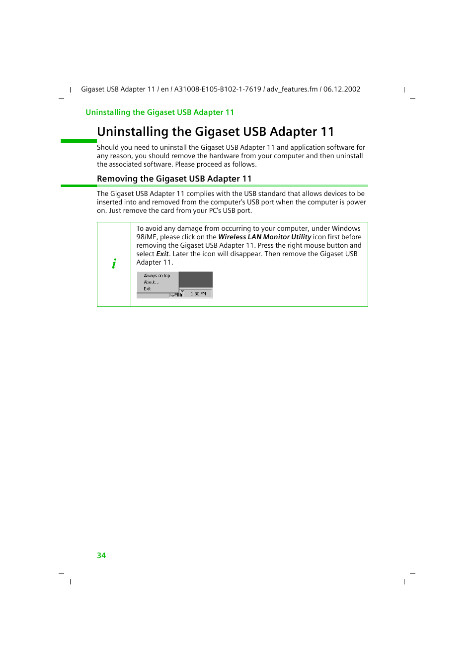 Uninstalling the gigaset usb adapter 11, Removing the gigaset usb adapter 11 | Siemens 11 User Manual | Page 35 / 51