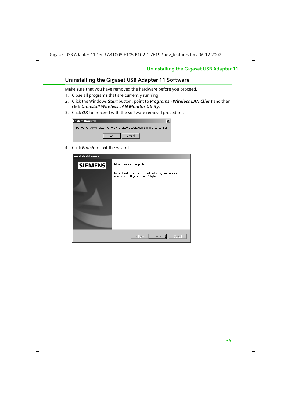 Uninstalling the gigaset usb adapter 11 software | Siemens 11 User Manual | Page 36 / 51