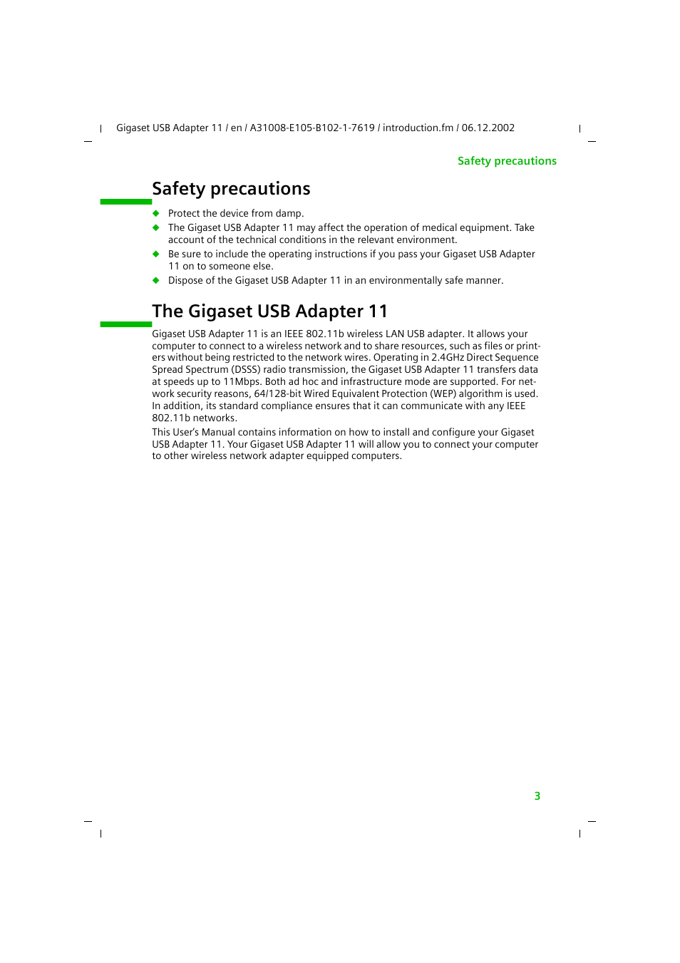 Safety precautions, The gigaset usb adapter 11, Safety precautions the gigaset usb adapter 11 | Siemens 11 User Manual | Page 4 / 51