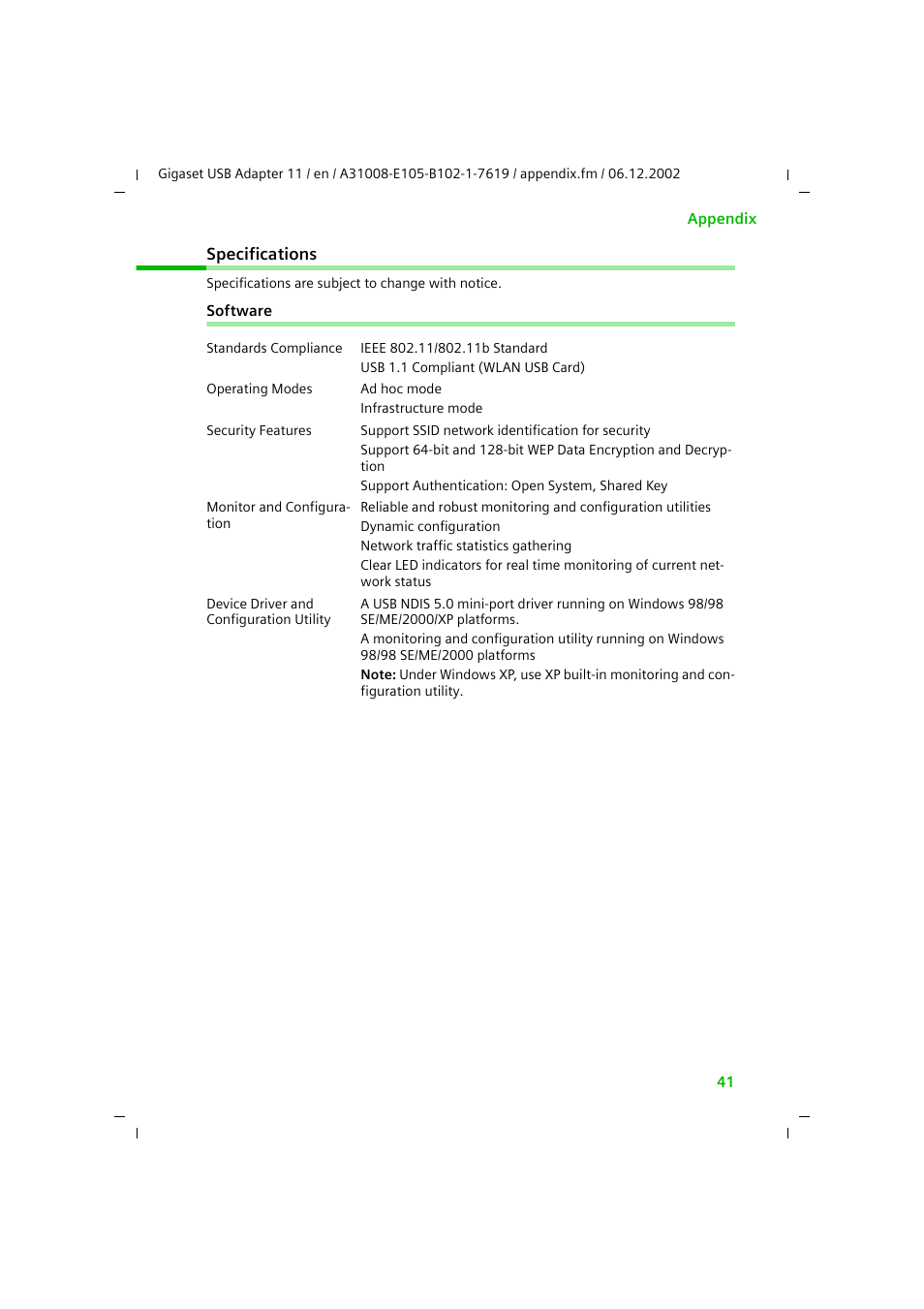 Specifications, Software | Siemens 11 User Manual | Page 42 / 51