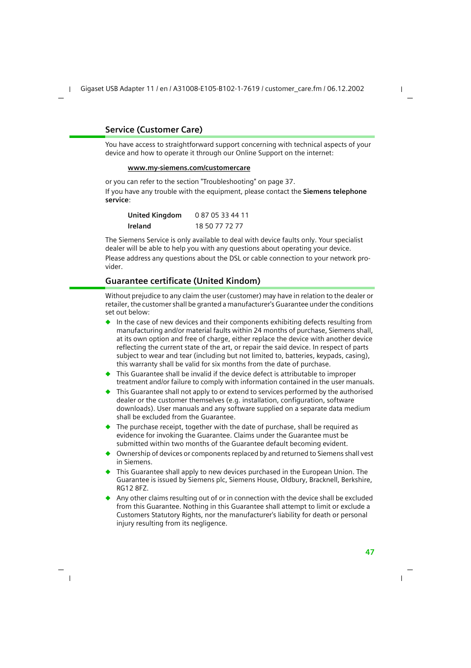 Service (customer care), Guarantee certificate (united kindom) | Siemens 11 User Manual | Page 48 / 51