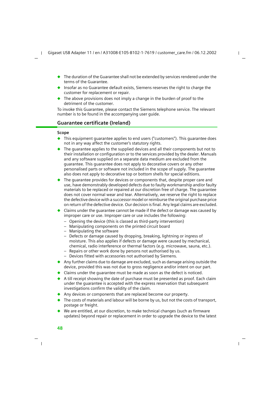 Guarantee certificate (ireland) | Siemens 11 User Manual | Page 49 / 51