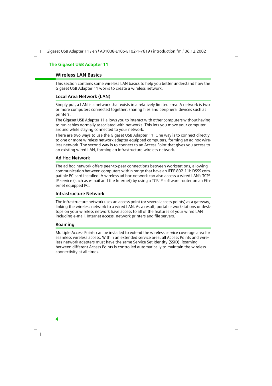 Wireless lan basics, Local area network (lan), Ad hoc network | Infrastructure network, Roaming | Siemens 11 User Manual | Page 5 / 51