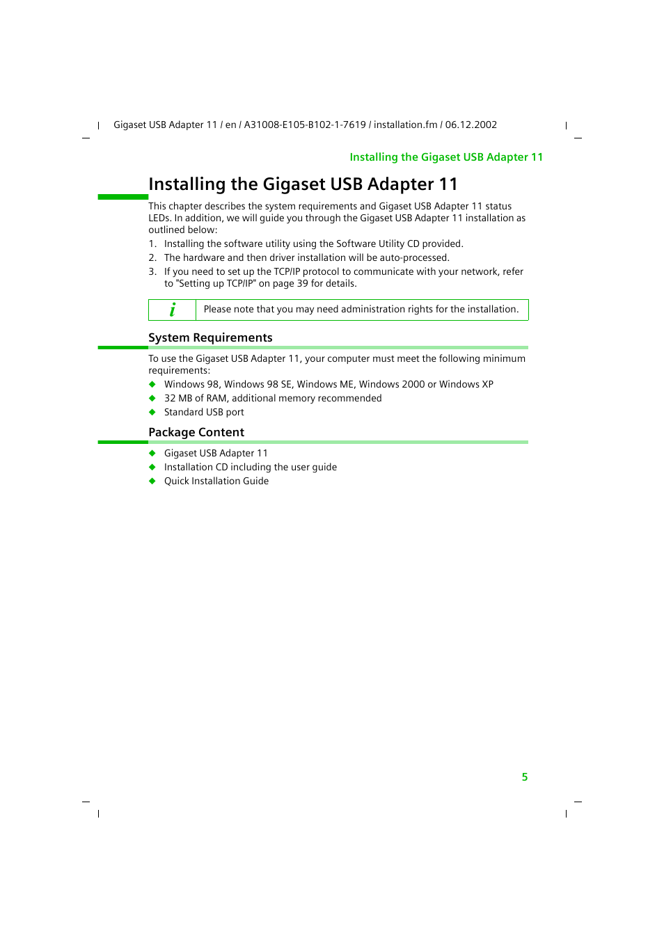 Installing the gigaset usb adapter 11, System requirements, Package content | System requirements package content | Siemens 11 User Manual | Page 6 / 51