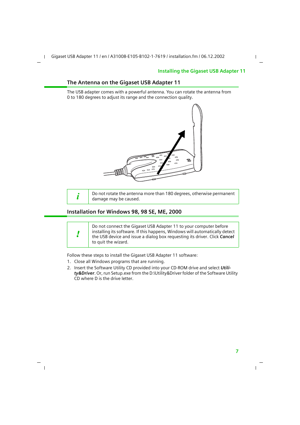 The antenna on the gigaset usb adapter 11, Installation for windows 98, 98 se, me, 2000 | Siemens 11 User Manual | Page 8 / 51