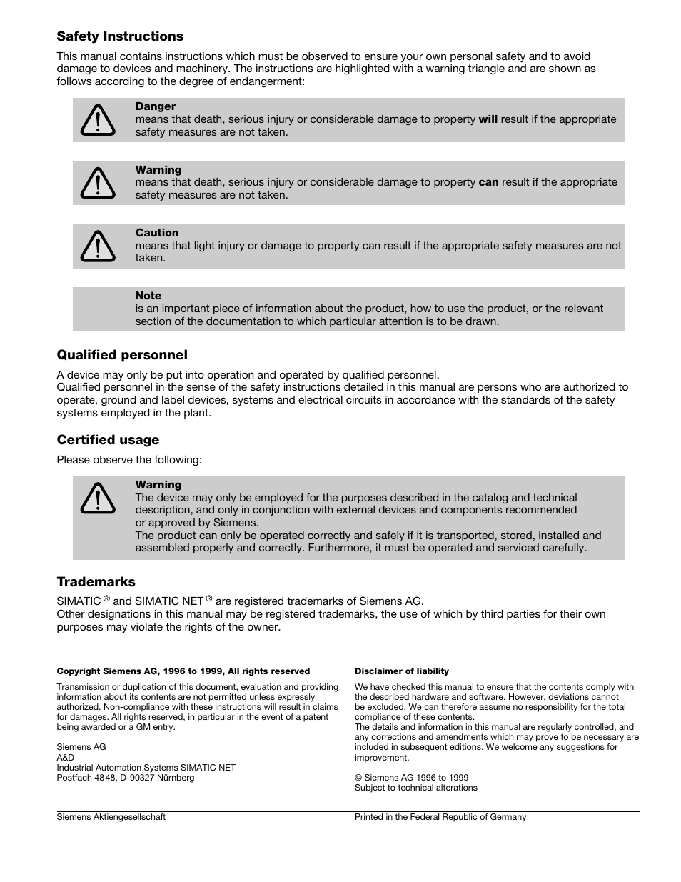 Safety instructions, Qualified personnel, Certified usage | Trademarks | Siemens SIMATIC NET PROFIBUS User Manual | Page 398 / 490