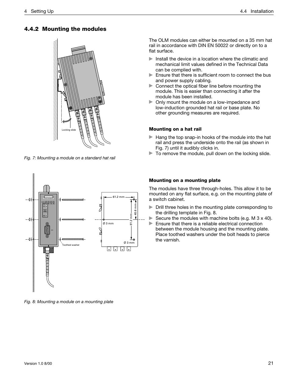 2 mounting the modules, 4 installation 21 4 setting up | Siemens SIMATIC NET PROFIBUS User Manual | Page 417 / 490