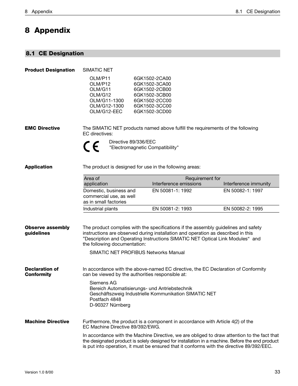 8 appendix, 1 ce designation | Siemens SIMATIC NET PROFIBUS User Manual | Page 429 / 490