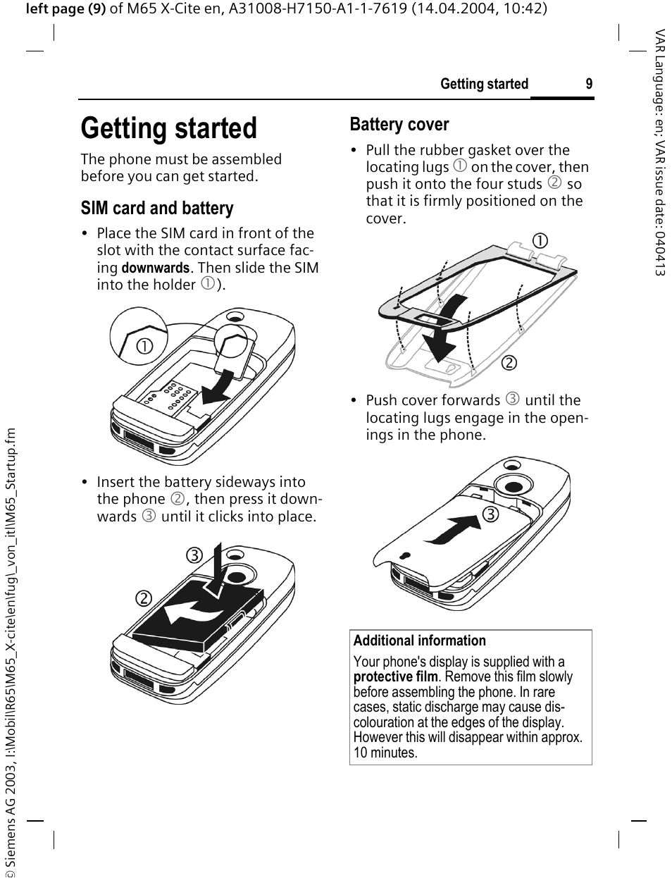 Getting started, Sim card and battery, Battery cover | Siemens M65 User Manual | Page 10 / 142