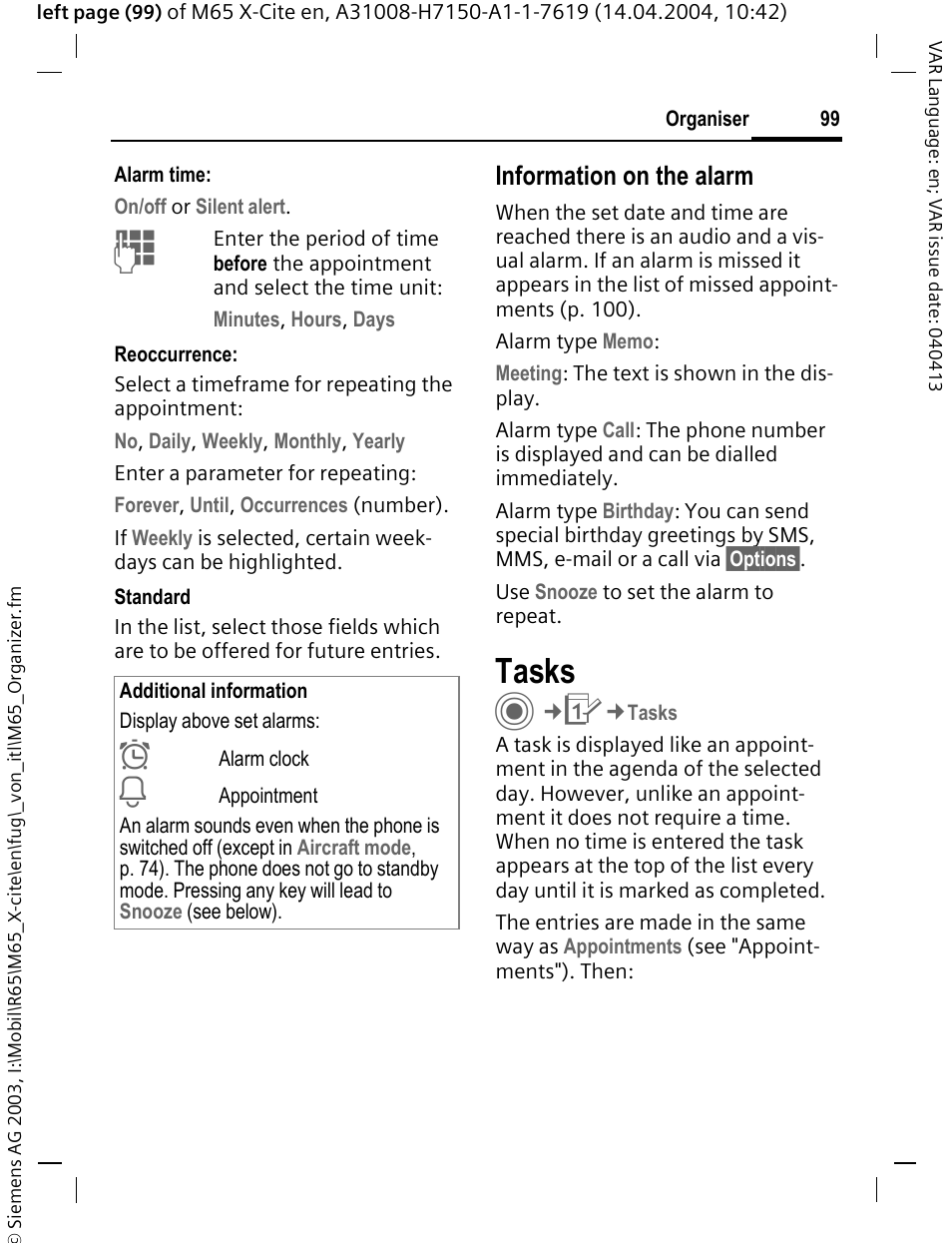 Tasks, Information on the alarm | Siemens M65 User Manual | Page 100 / 142