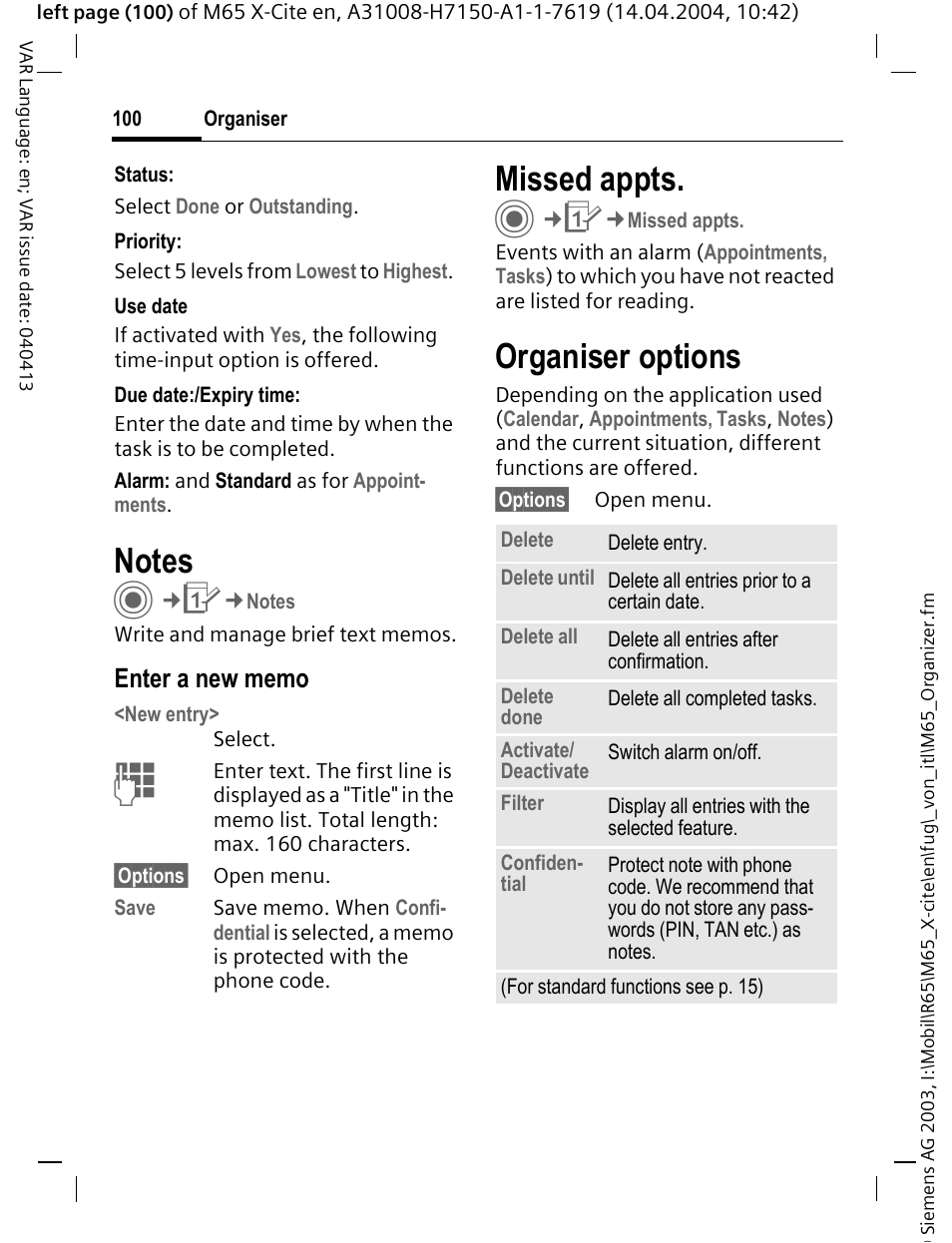 Notes, Missed appts, Organiser options | Siemens M65 User Manual | Page 101 / 142