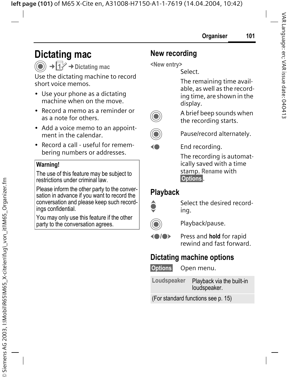 Dictating mac | Siemens M65 User Manual | Page 102 / 142