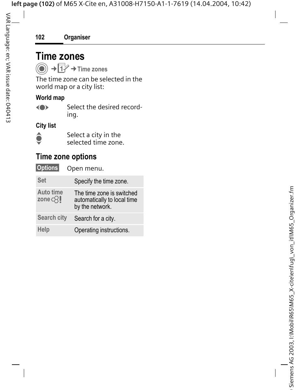 Time zones, Time zone options | Siemens M65 User Manual | Page 103 / 142