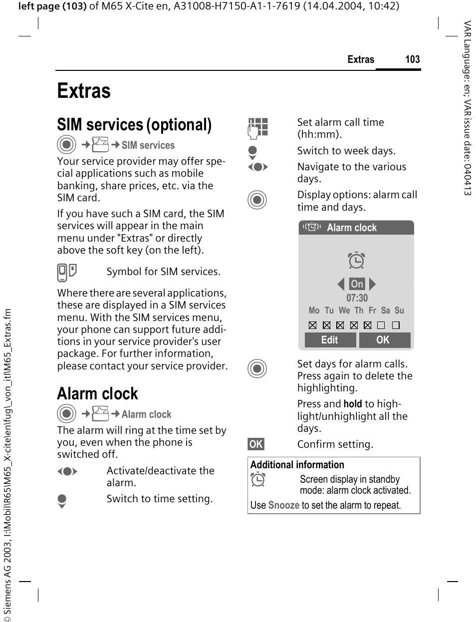 Extras, Sim services (optional), Alarm clock | Sim services (op, Sim services, Optional) | Siemens M65 User Manual | Page 104 / 142