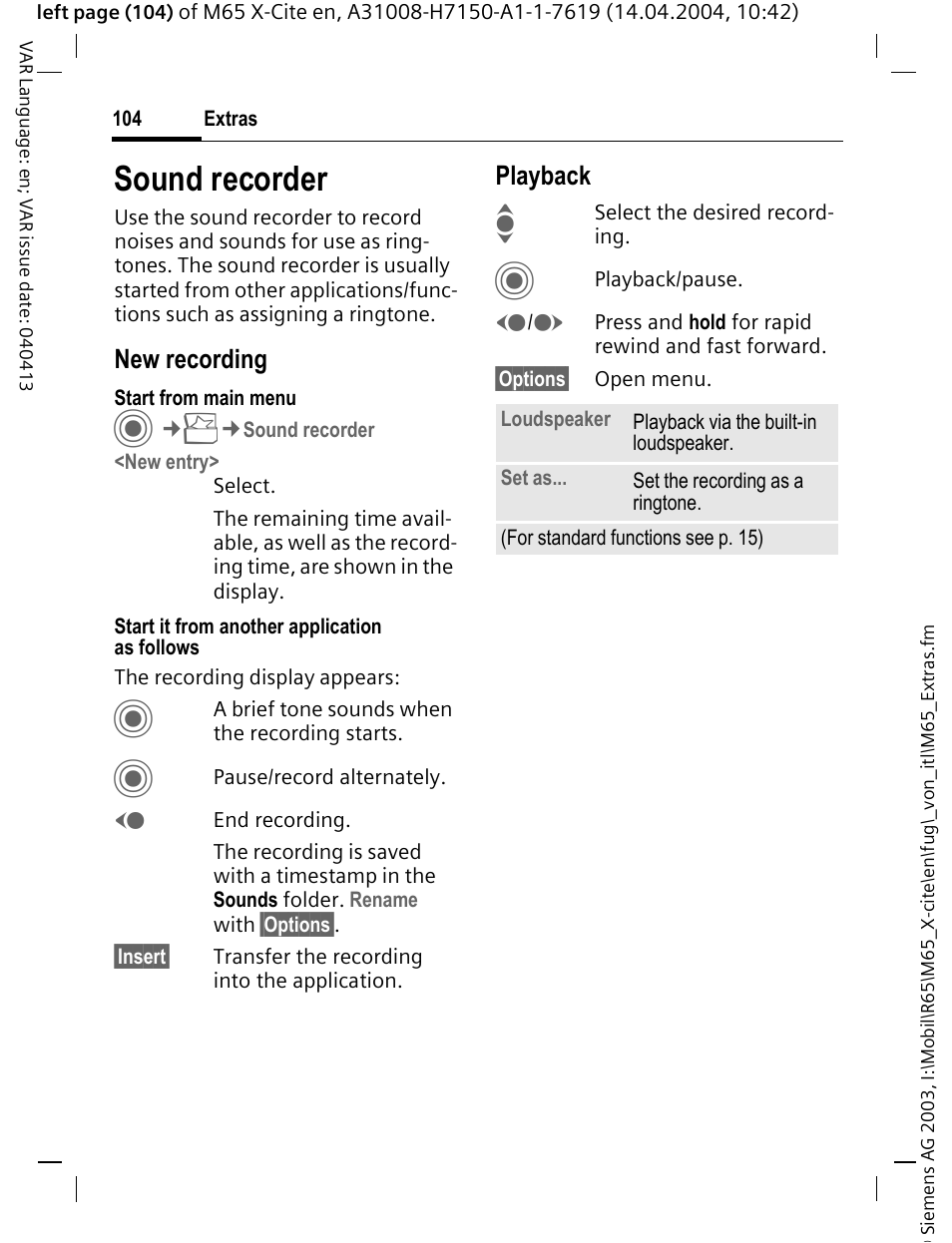 Sound recorder | Siemens M65 User Manual | Page 105 / 142