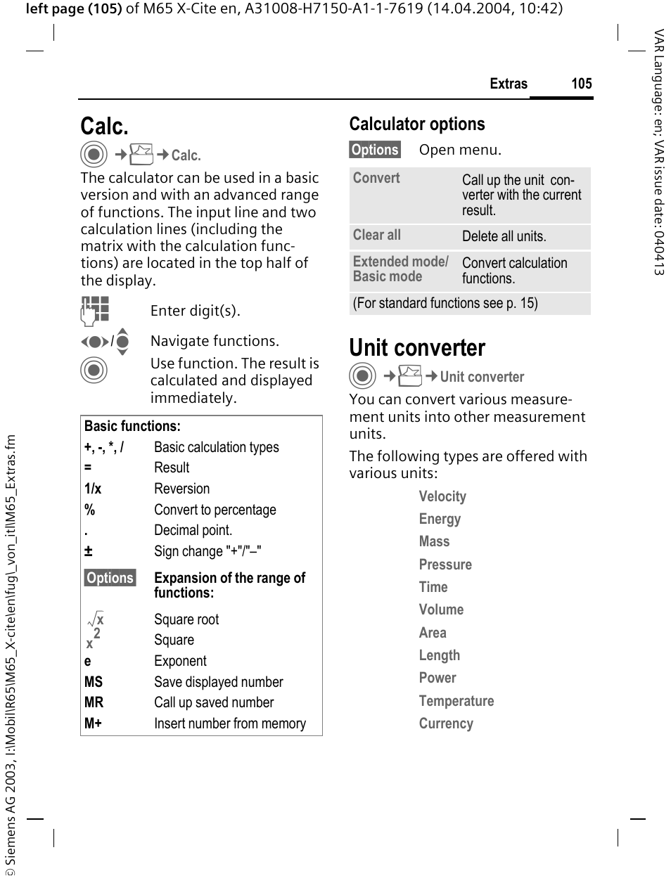 Calc, Unit converter, Calc unit converter | Calculator options | Siemens M65 User Manual | Page 106 / 142