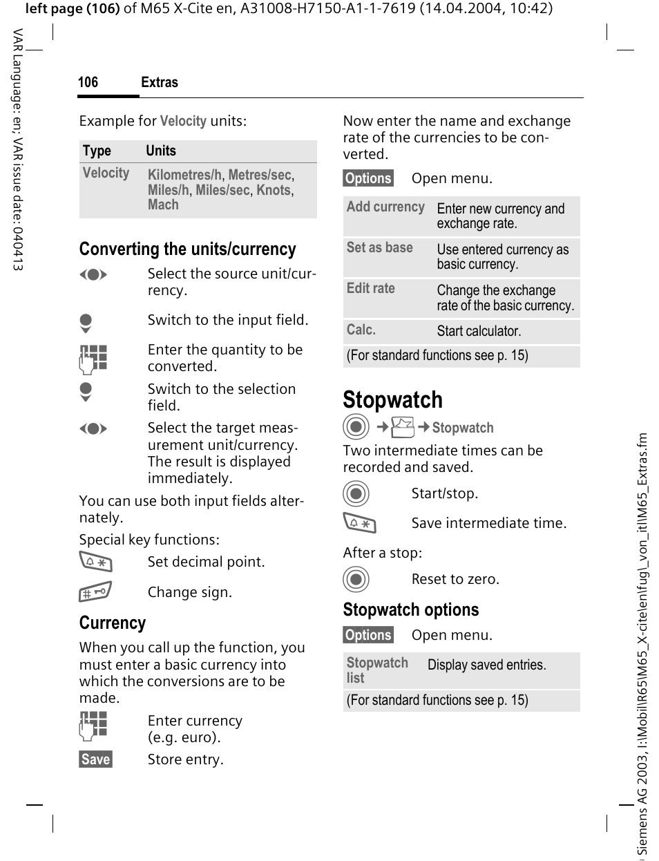 Stopwatch | Siemens M65 User Manual | Page 107 / 142