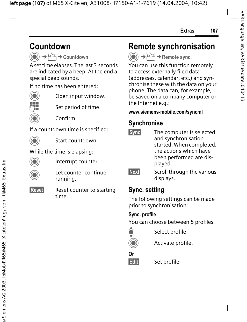 Countdown, Remote synchronisation, Countdown remote synchronisation | See also p. 107) | Siemens M65 User Manual | Page 108 / 142