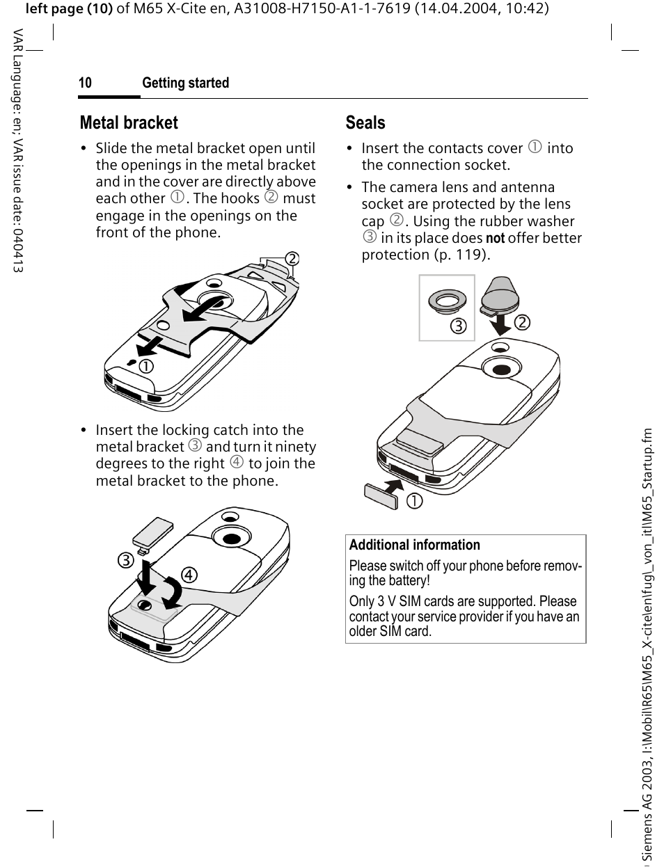 Metal bracket, Seals | Siemens M65 User Manual | Page 11 / 142