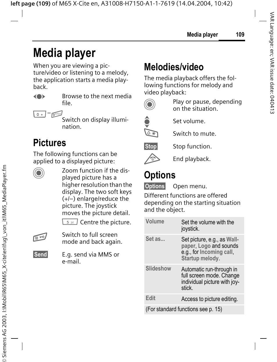 Media player, Pictures, Melodies/video | Options | Siemens M65 User Manual | Page 110 / 142