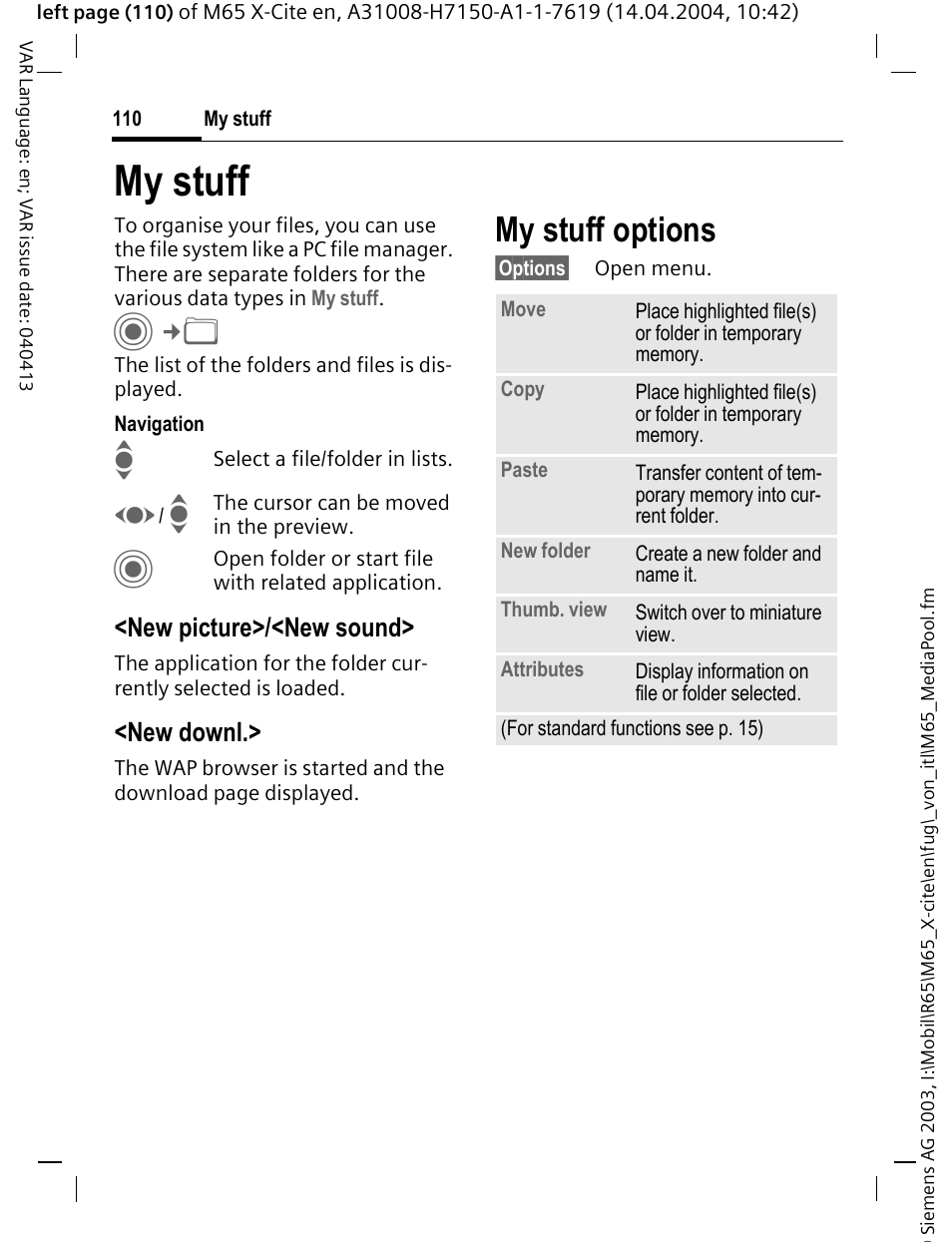 My stuff, Es (p. 110), P. 110) | My stuff options | Siemens M65 User Manual | Page 111 / 142