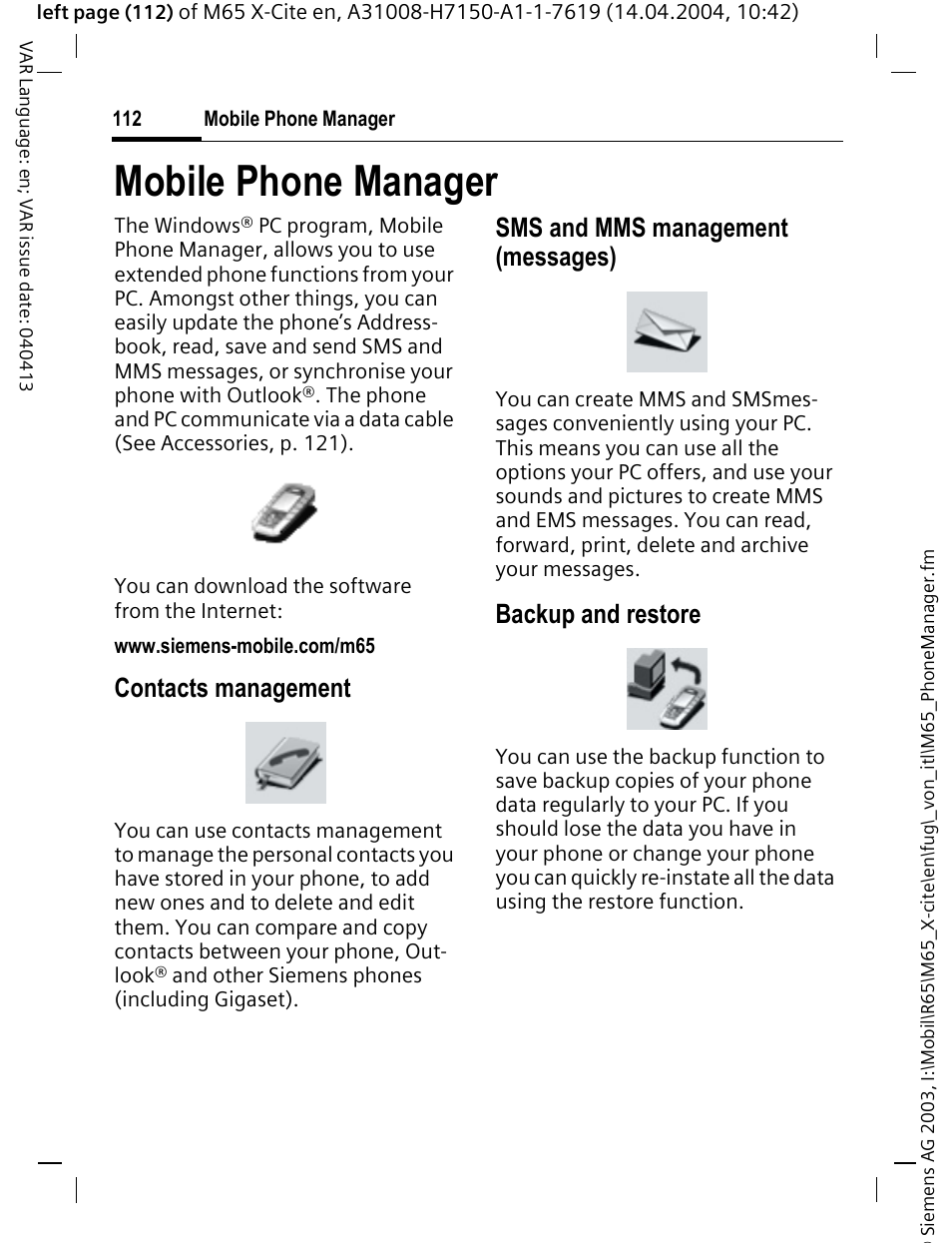 Mobile phone manager, Er (p. 112), Contacts management | Sms and mms management (messages), Backup and restore | Siemens M65 User Manual | Page 113 / 142