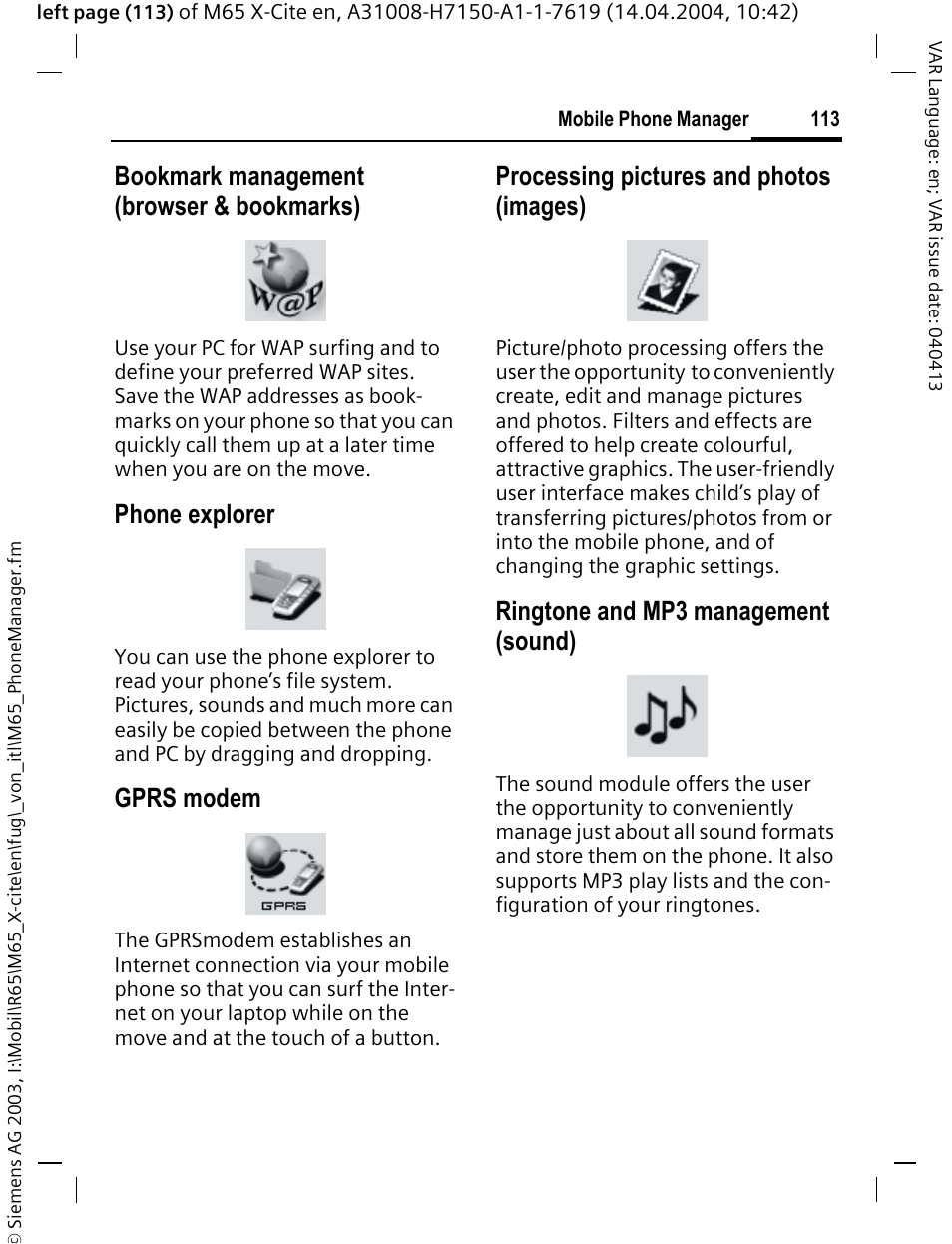 Bookmark management (browser & bookmarks), Phone explorer, Gprs modem | Processing pictures and photos (images), Ringtone and mp3 management (sound) | Siemens M65 User Manual | Page 114 / 142