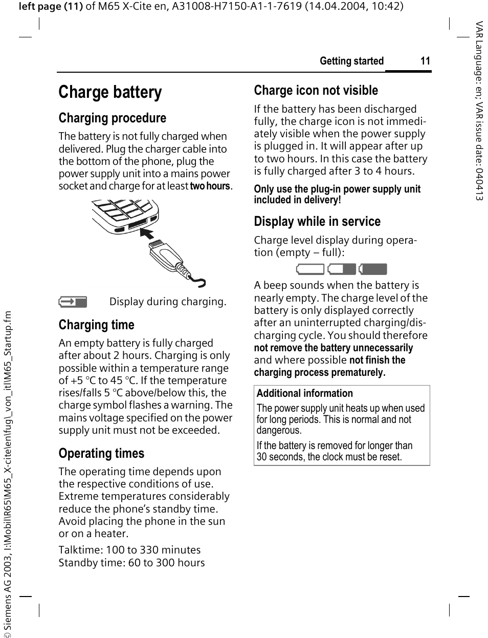 Charge battery, Charging procedure, Charging time | Operating times, Charge icon not visible, Display while in service | Siemens M65 User Manual | Page 12 / 142