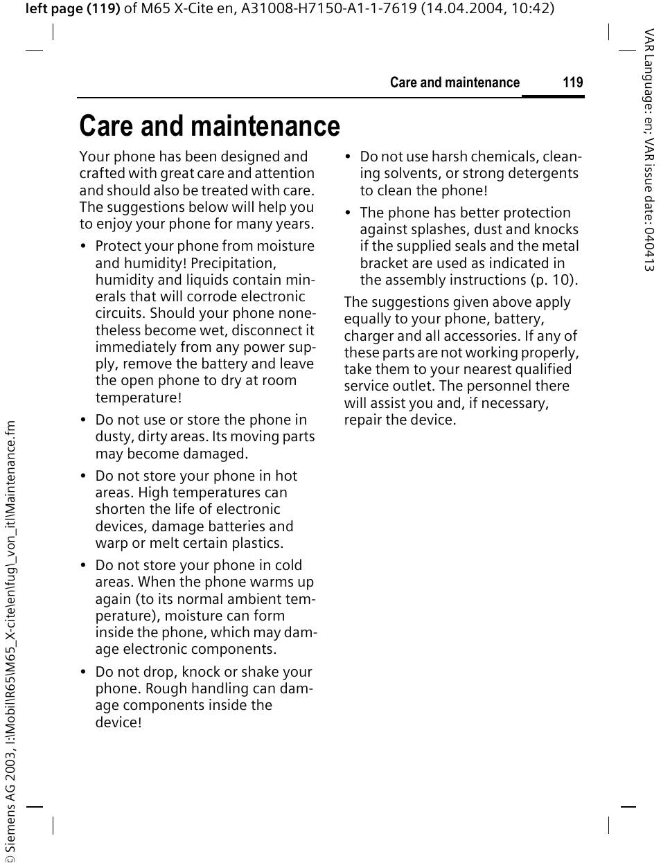 Care and maintenance, Care and maintenance | Siemens M65 User Manual | Page 120 / 142