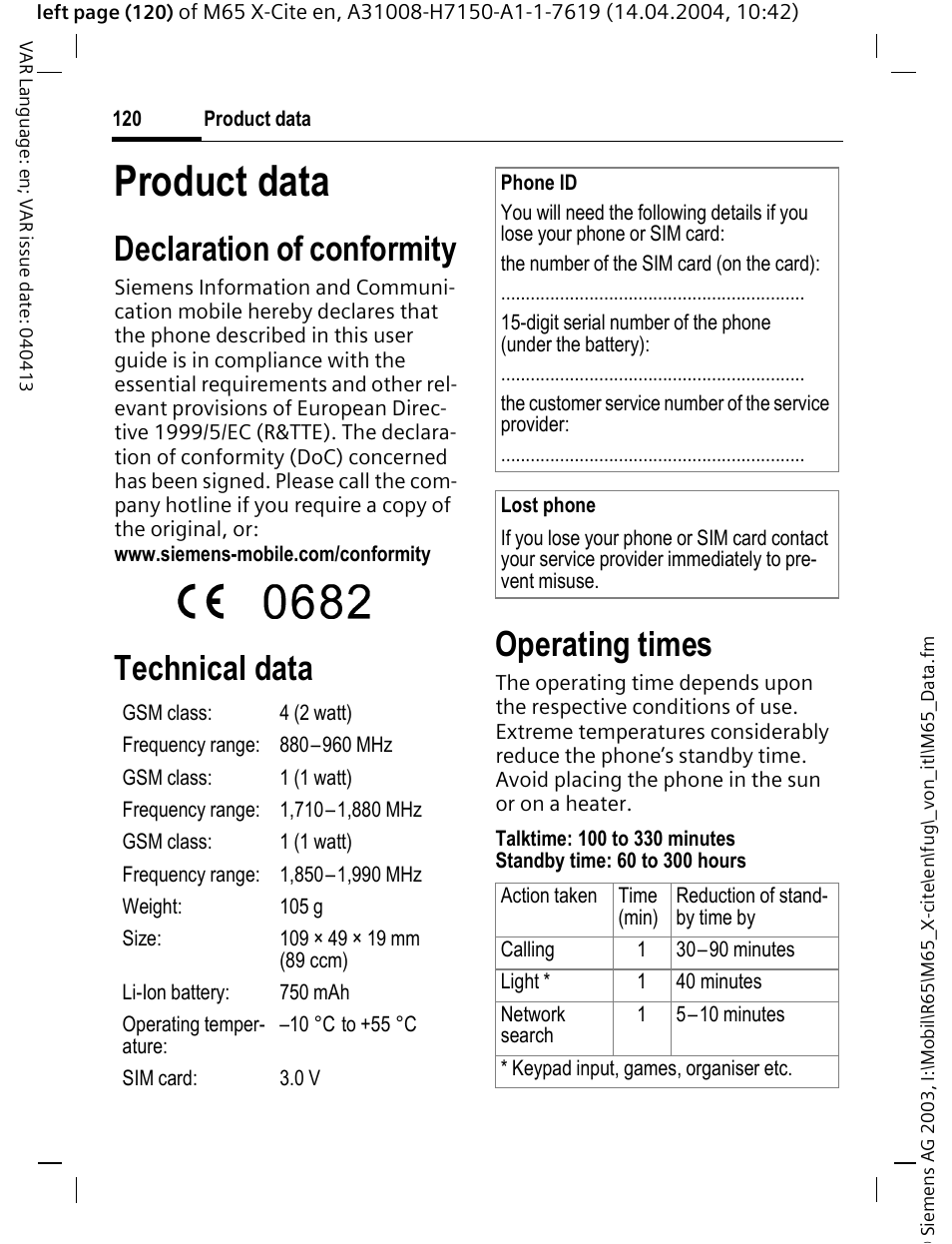 Product data, Declaration of conformity, Technical data | Operating times | Siemens M65 User Manual | Page 121 / 142