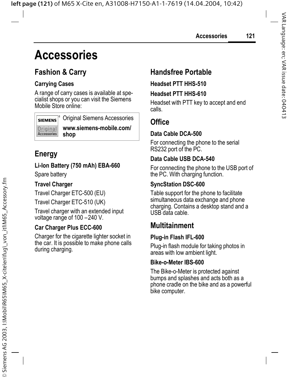 Accessories, Fashion & carry, Energy | Handsfree portable, Office, Multitainment | Siemens M65 User Manual | Page 122 / 142