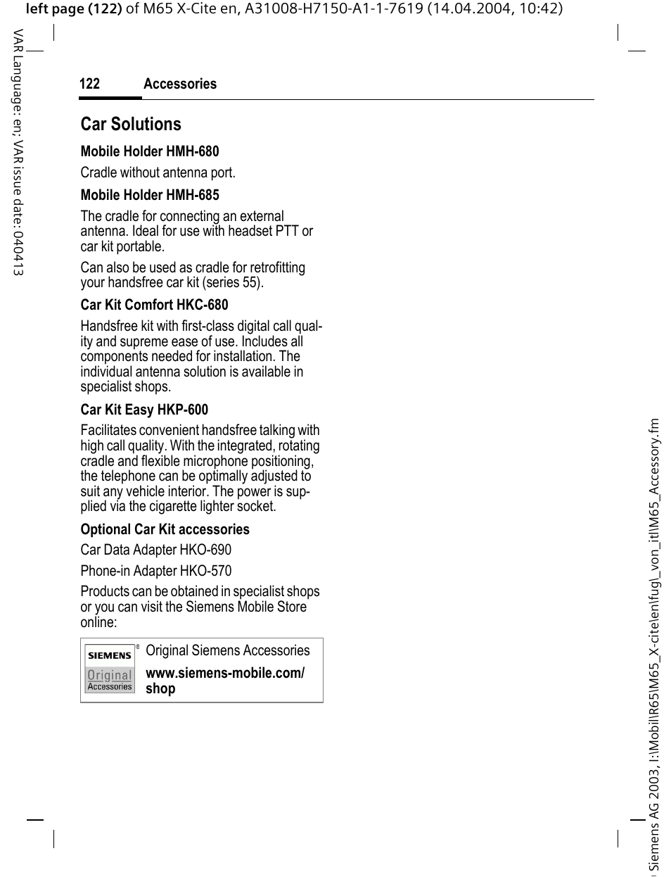 Car solutions | Siemens M65 User Manual | Page 123 / 142