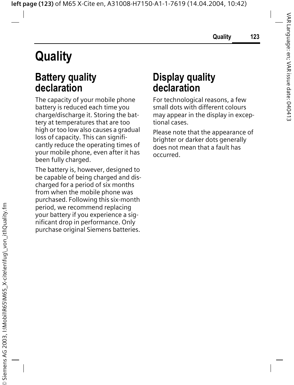 Quality, Battery quality declaration, Display quality declaration | Siemens M65 User Manual | Page 124 / 142