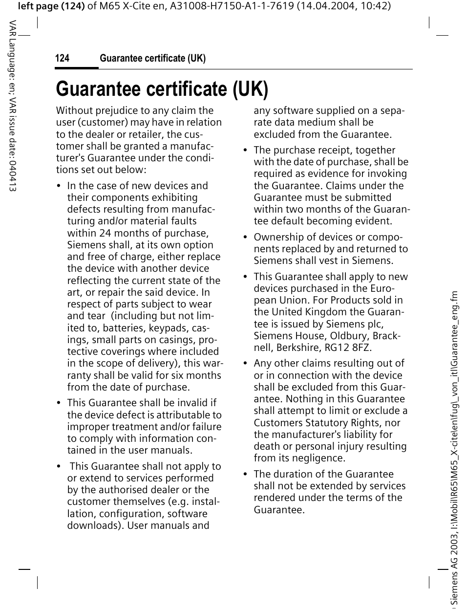 Guarantee certificate (uk) | Siemens M65 User Manual | Page 125 / 142