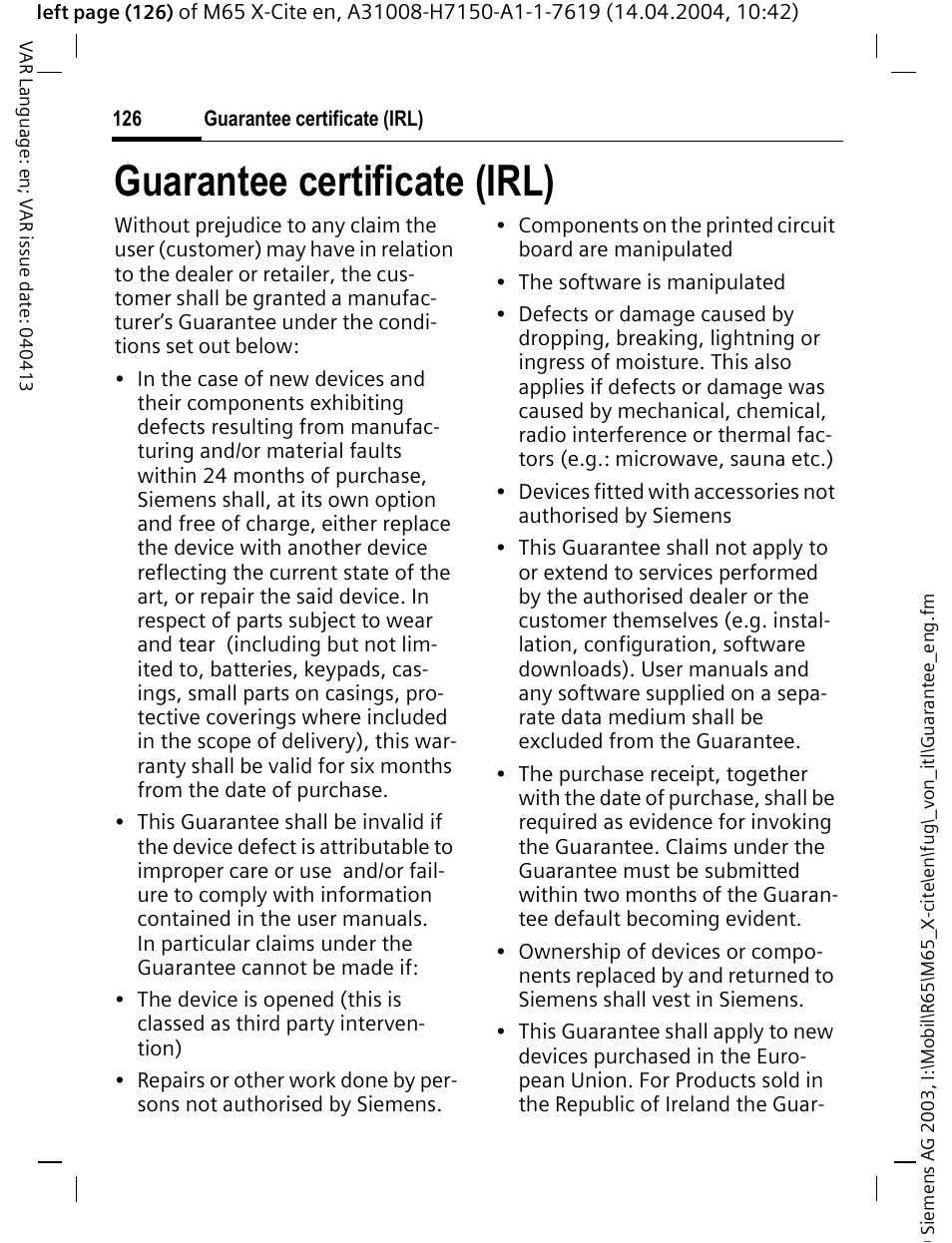 Guarantee certificate (irl) | Siemens M65 User Manual | Page 127 / 142