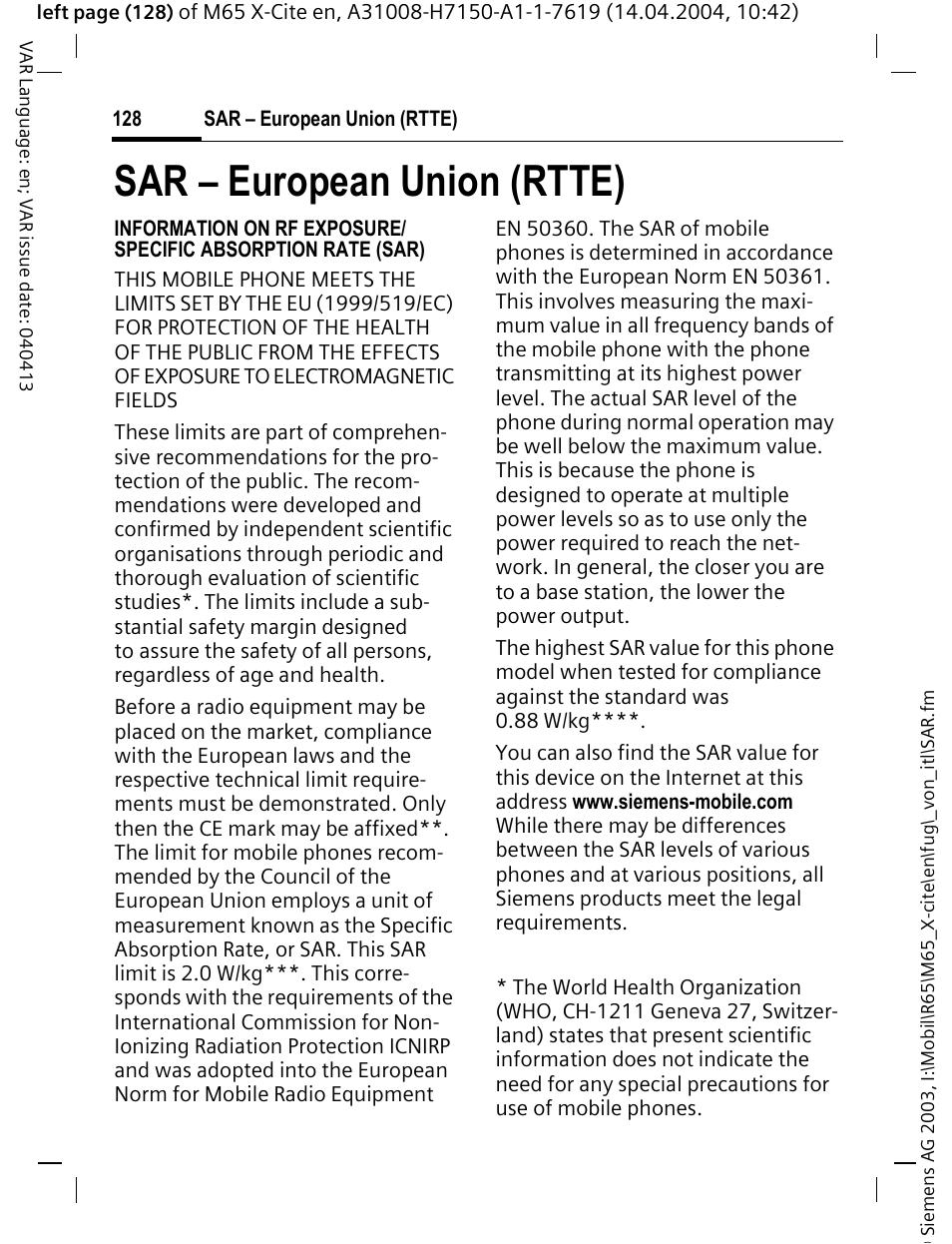 Sar – european union (rtte) | Siemens M65 User Manual | Page 129 / 142