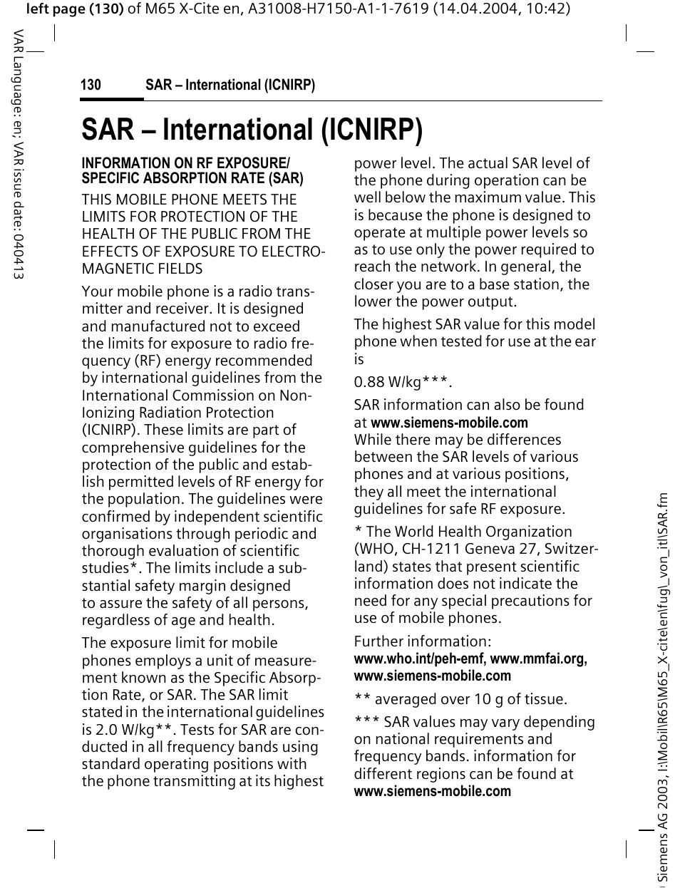 Sar – international (icnirp) | Siemens M65 User Manual | Page 131 / 142
