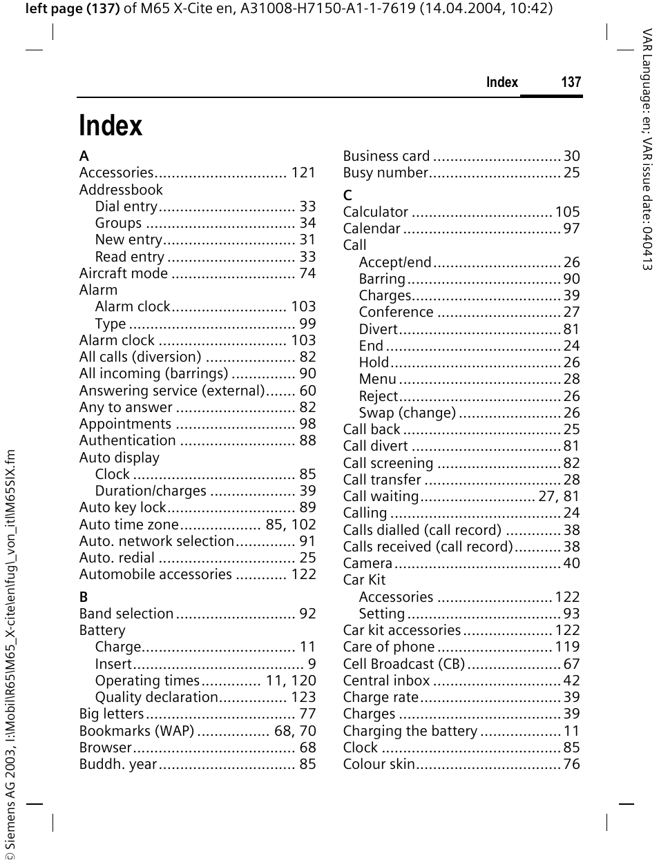 Index | Siemens M65 User Manual | Page 138 / 142