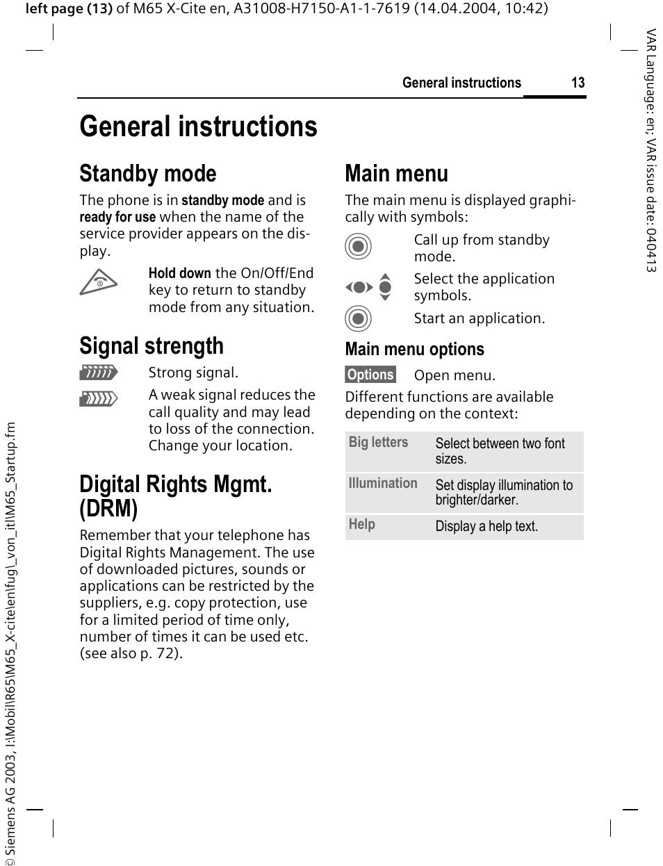 General instructions, Standby mode, Signal strength | Digital rights mgmt. (drm), Main menu | Siemens M65 User Manual | Page 14 / 142