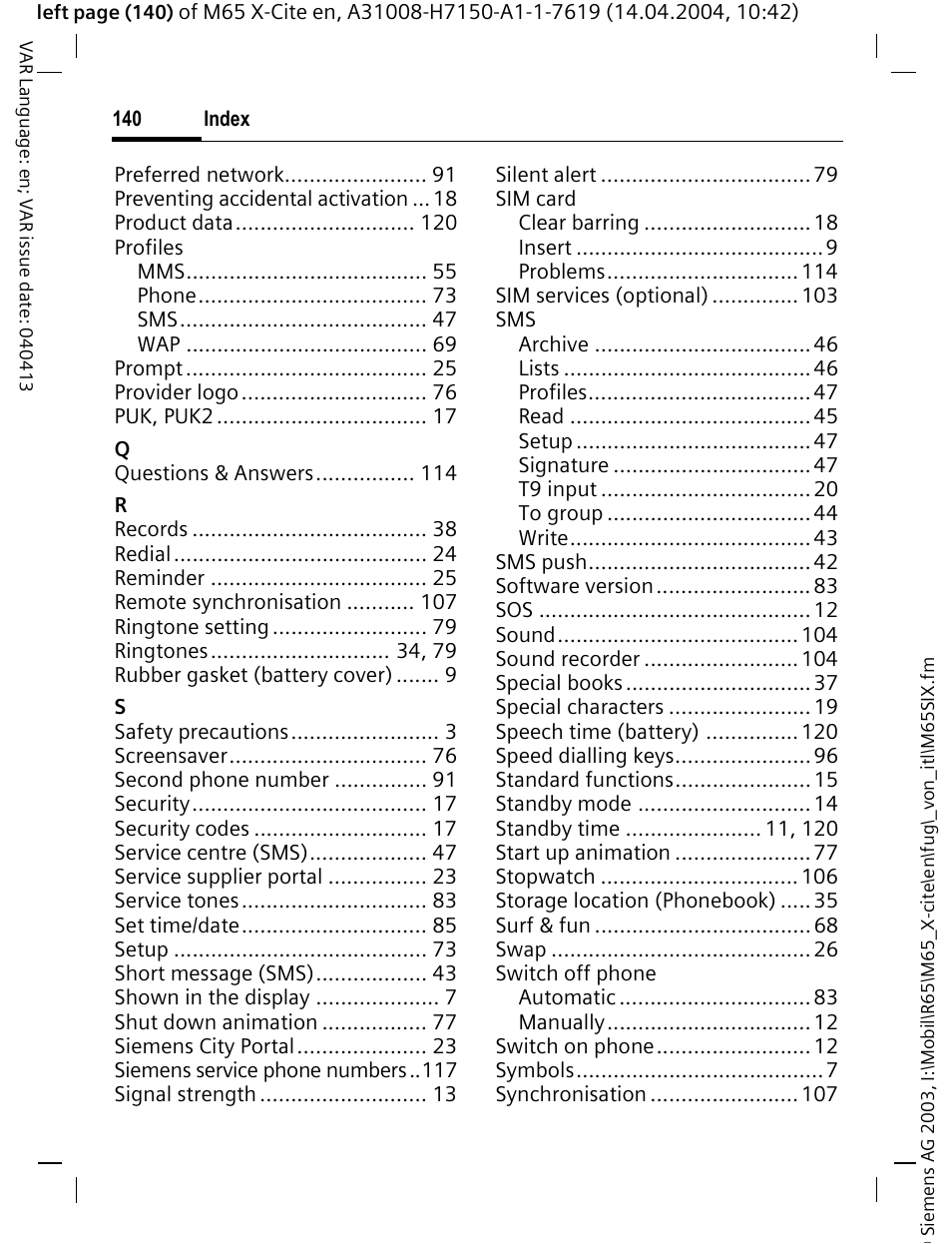 Siemens M65 User Manual | Page 141 / 142