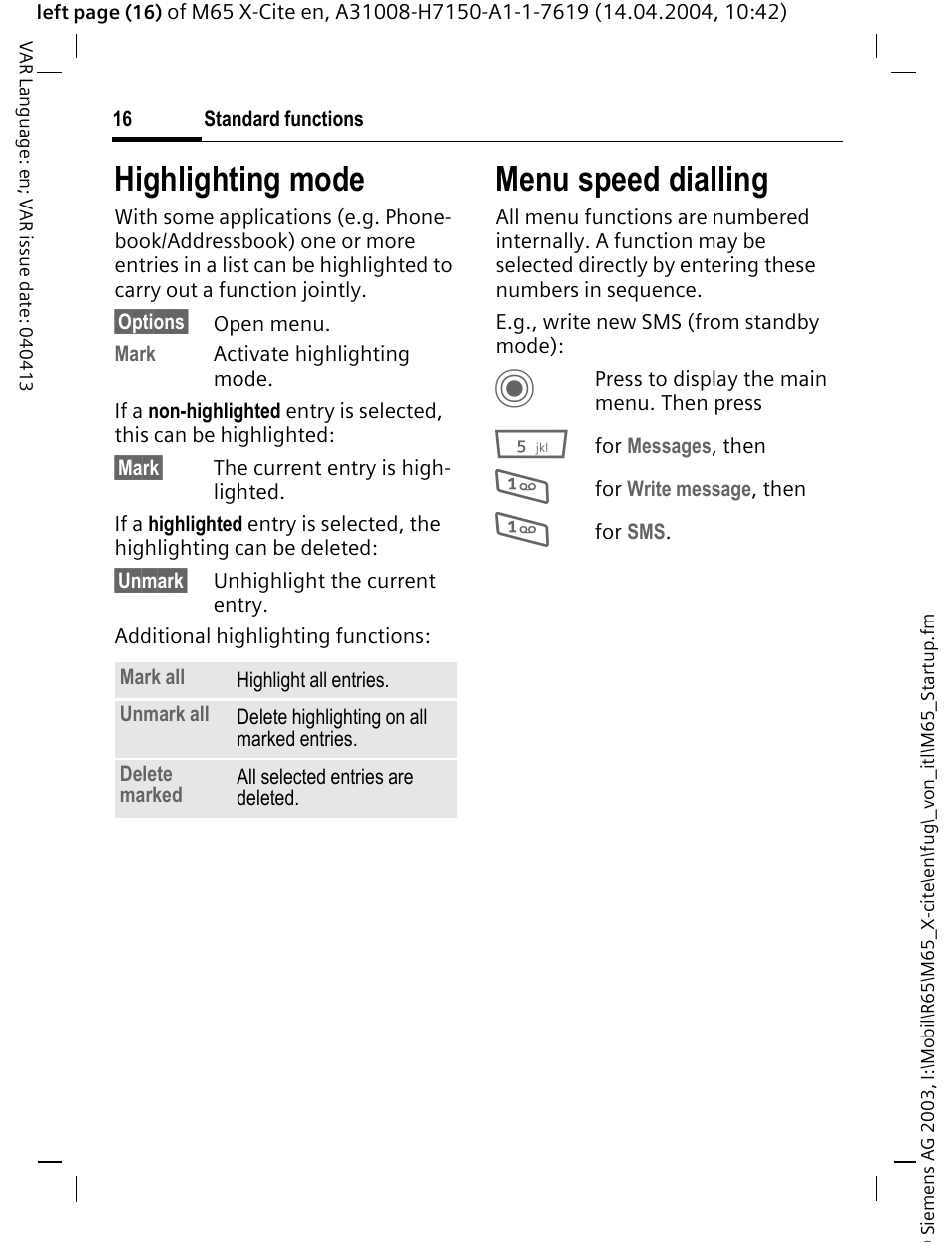 Highlighting mode, Menu speed dialling, Highlighting mode menu speed dialling | Siemens M65 User Manual | Page 17 / 142