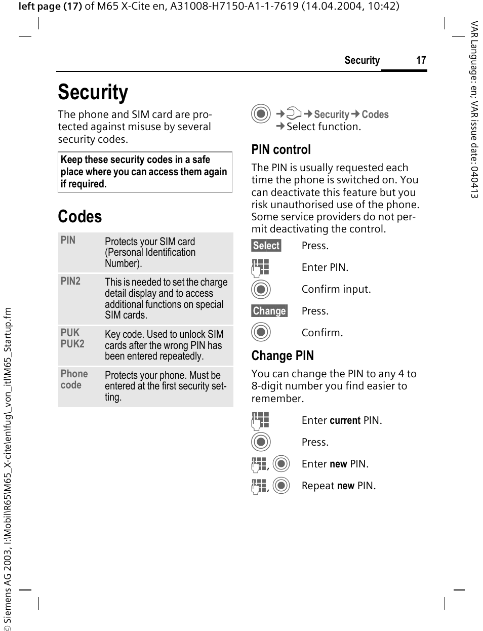 Security, Codes | Siemens M65 User Manual | Page 18 / 142