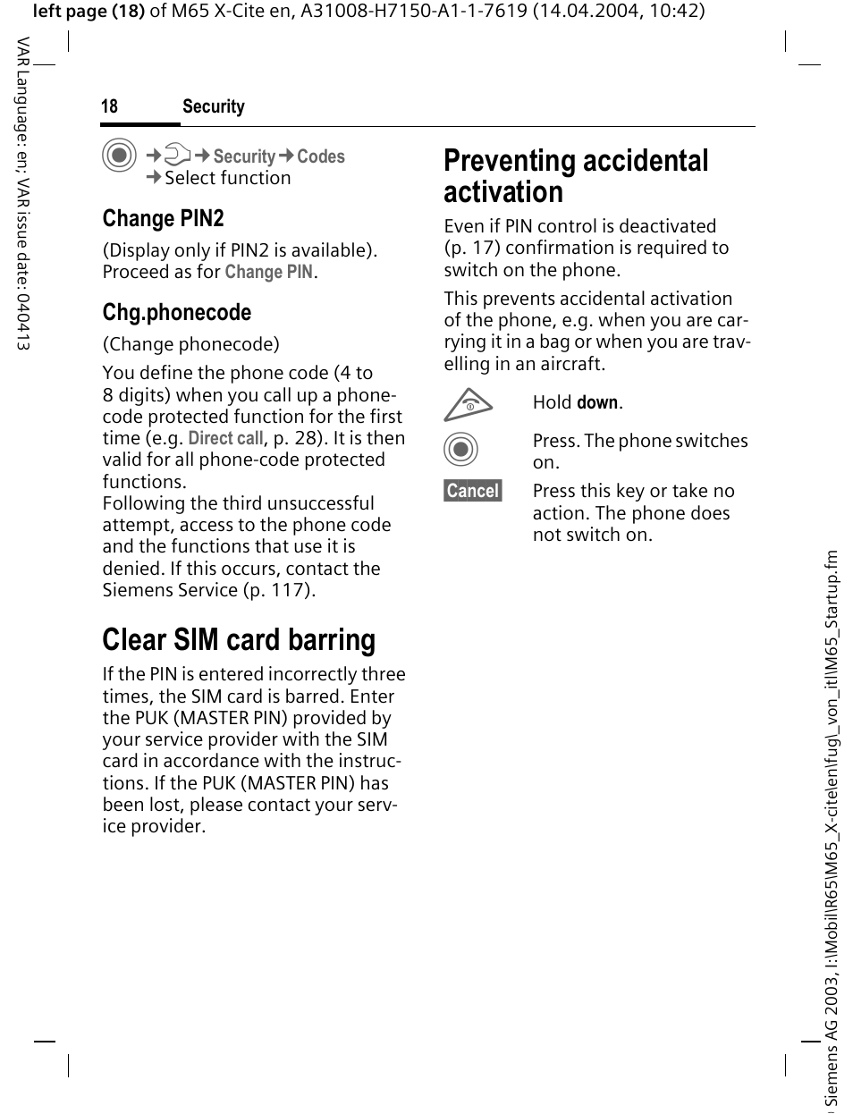 Preventing accidental activation, Clear sim card barring, Change pin2 | Chg.phonecode | Siemens M65 User Manual | Page 19 / 142