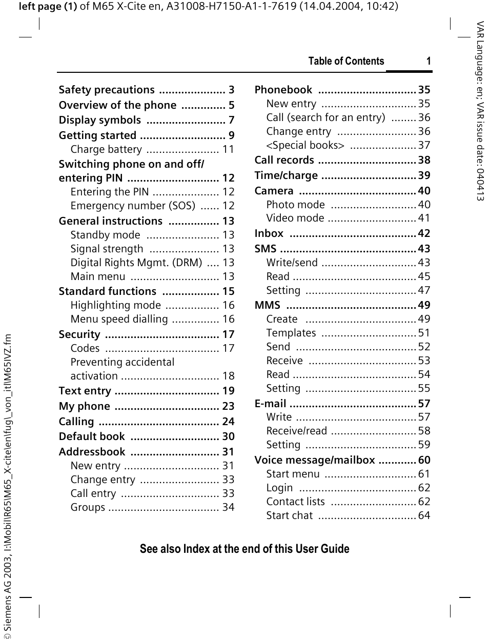 See also index at the end of this user guide | Siemens M65 User Manual | Page 2 / 142