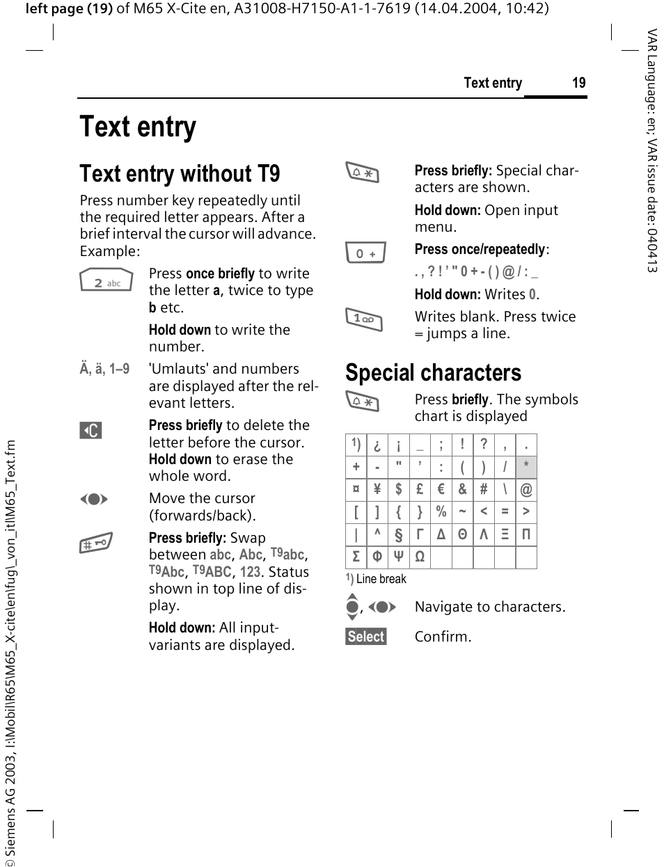 Text entry, Text entry without t9, Special characters | Siemens M65 User Manual | Page 20 / 142